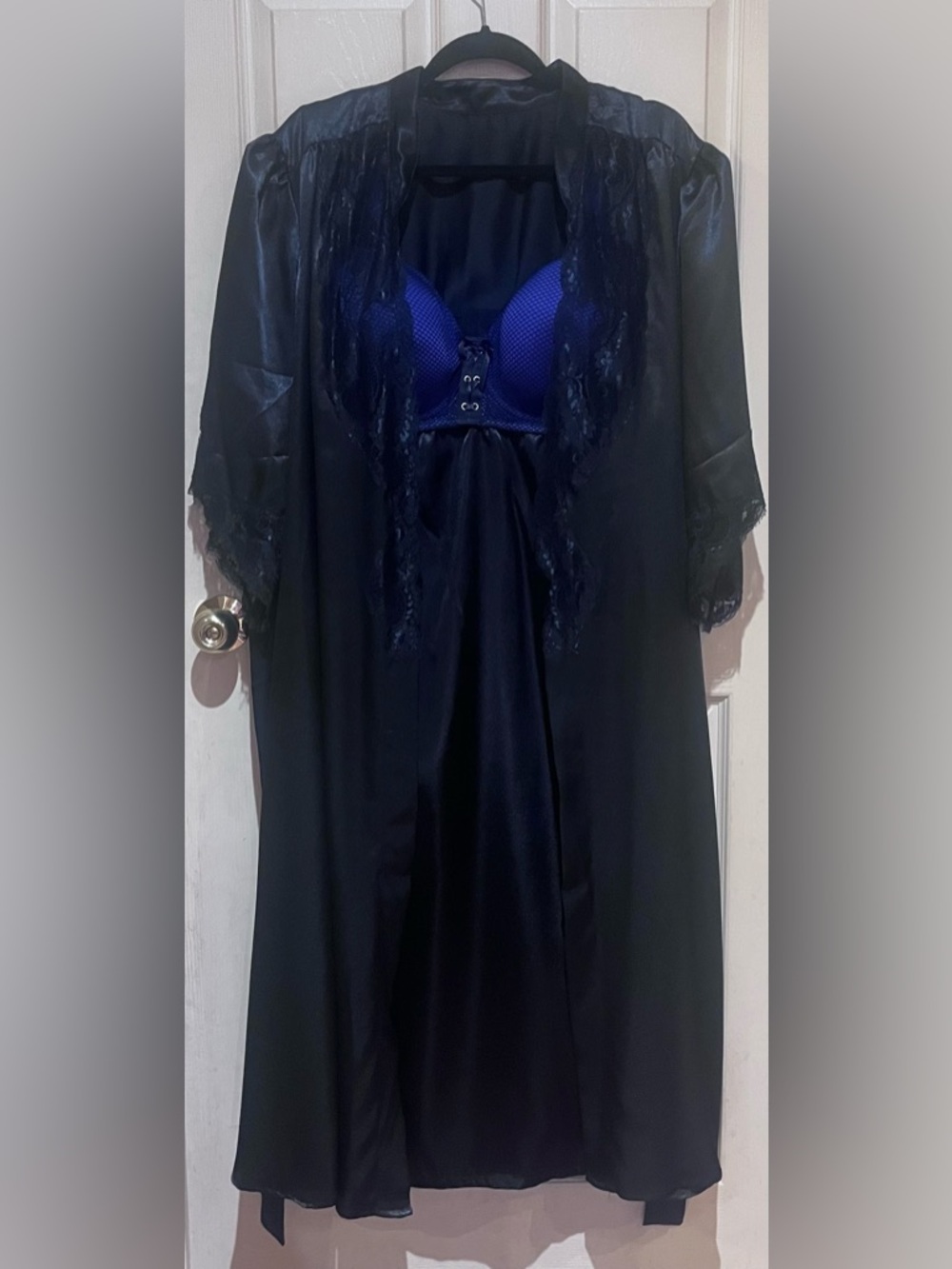Black Satin Nightdress with Deep Purple Lace Trim Bra & Robe, Size 2X